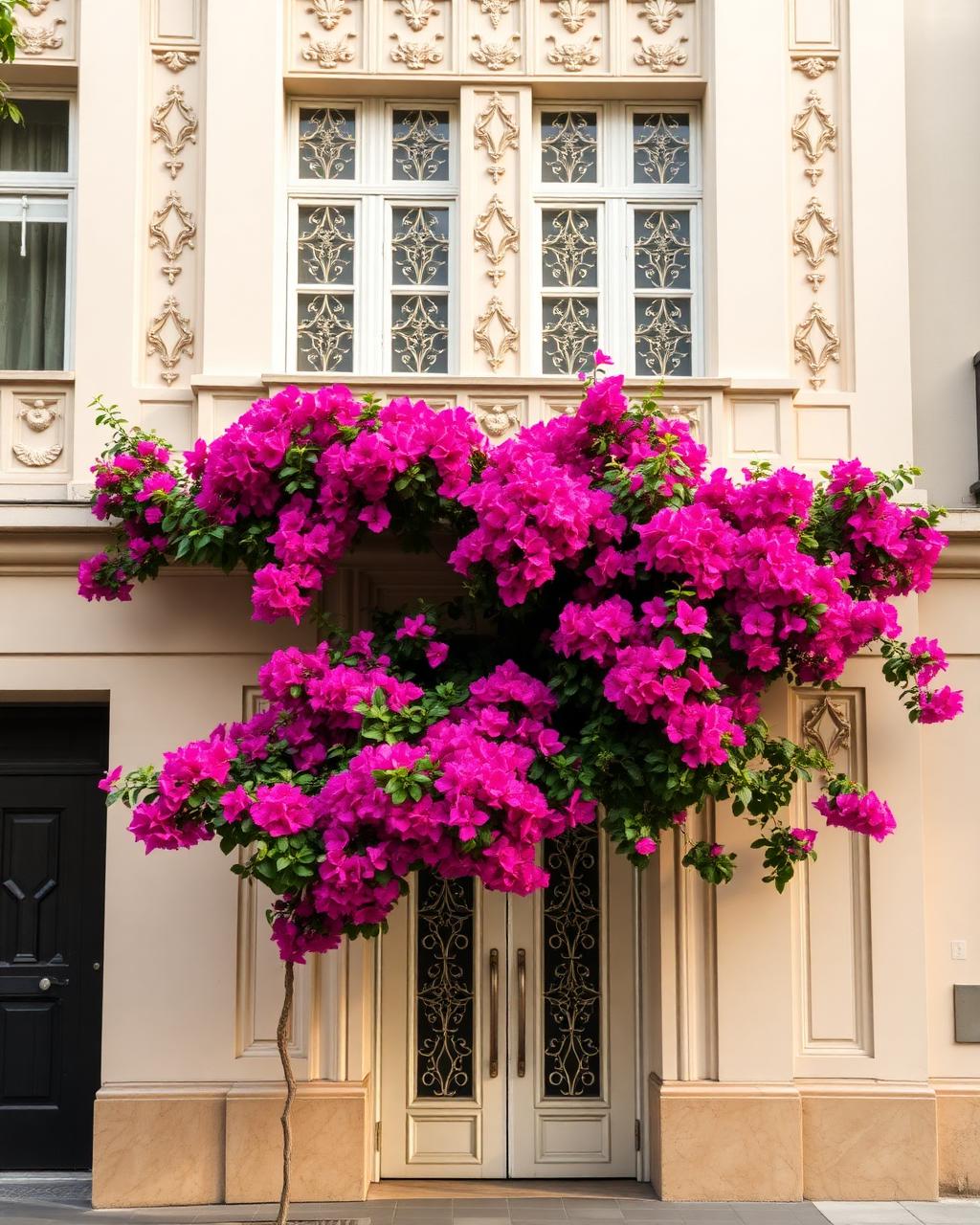 Fachada Art Déco con bugambilias